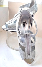 Women's Fioni Glittery Silver Zip-up Strappy Open Toe Stiletto Heel Shoes Sz. 8