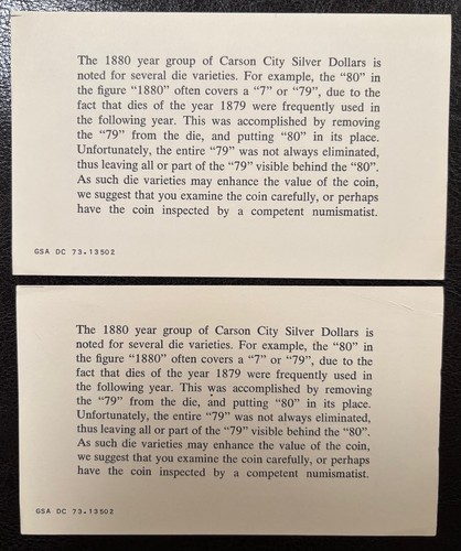 ONE (1) Generic COA for GSA Dollars "1880 CC Die Varieties"-NO COIN, NO BOX -983