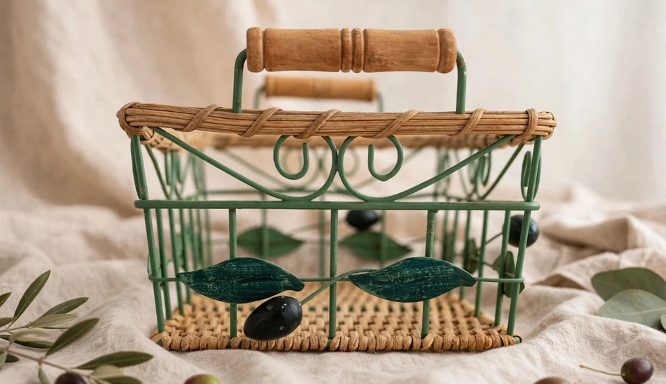 🌿 Corbeille provençale Métal & osier motifs olives Déco cuisine champêtre - Photo 3/4