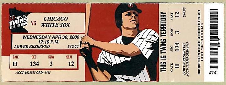 WHITE SOX @ TWINS ~ 2008 Full Ticket ~ FREE SHIPPING