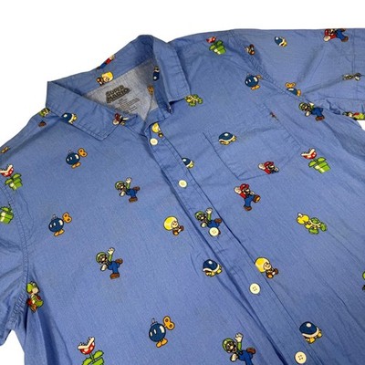 Nintendo Super Mario Button Shirt 2XL Blue Character Print Short Sleeve Cotton