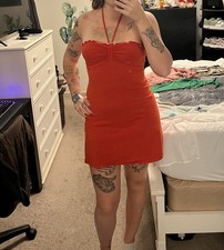 Red Summer Mini Dress Ruched Bust Tie Neck Women  s Size Small