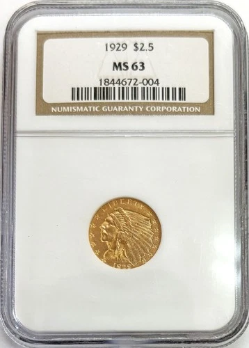 1929 GOLD US $2.5 DOLLAR INDIAN HEAD QUARTER EAGLE COIN NGC MINT STATE 63