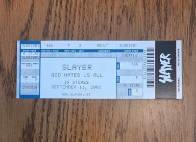 Slayer God Hates Us All Promo Promotional Ticket 2001 Thrash Metal