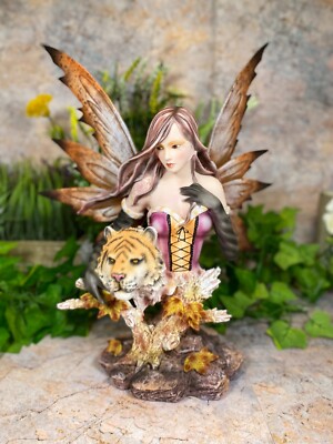 Mystische Fee & Tiger Fantasy Figur Zauberhafte Gothic Statue Wohnschmuck