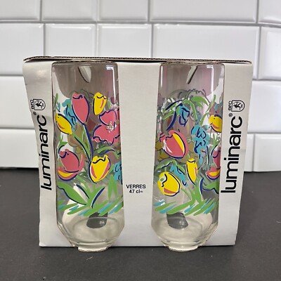 Vintage Luminarc Flower Glasses NEW 16 oz tumblers Set of 4 Floral Drinkware