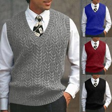 Men Fall Winter Solid Casual Knit Sweater Sleeveless V Neck Pullover Vest Tops