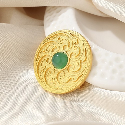 A28 Brosche Scheibe Wirbelmuster grüner Achat vergoldetes Sterling Silber 925 - Bild 1 von 4