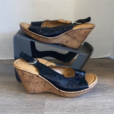 Born BOC Andaya Slingback Laser Cutout Cork Wedge Sandal Black Size 6M