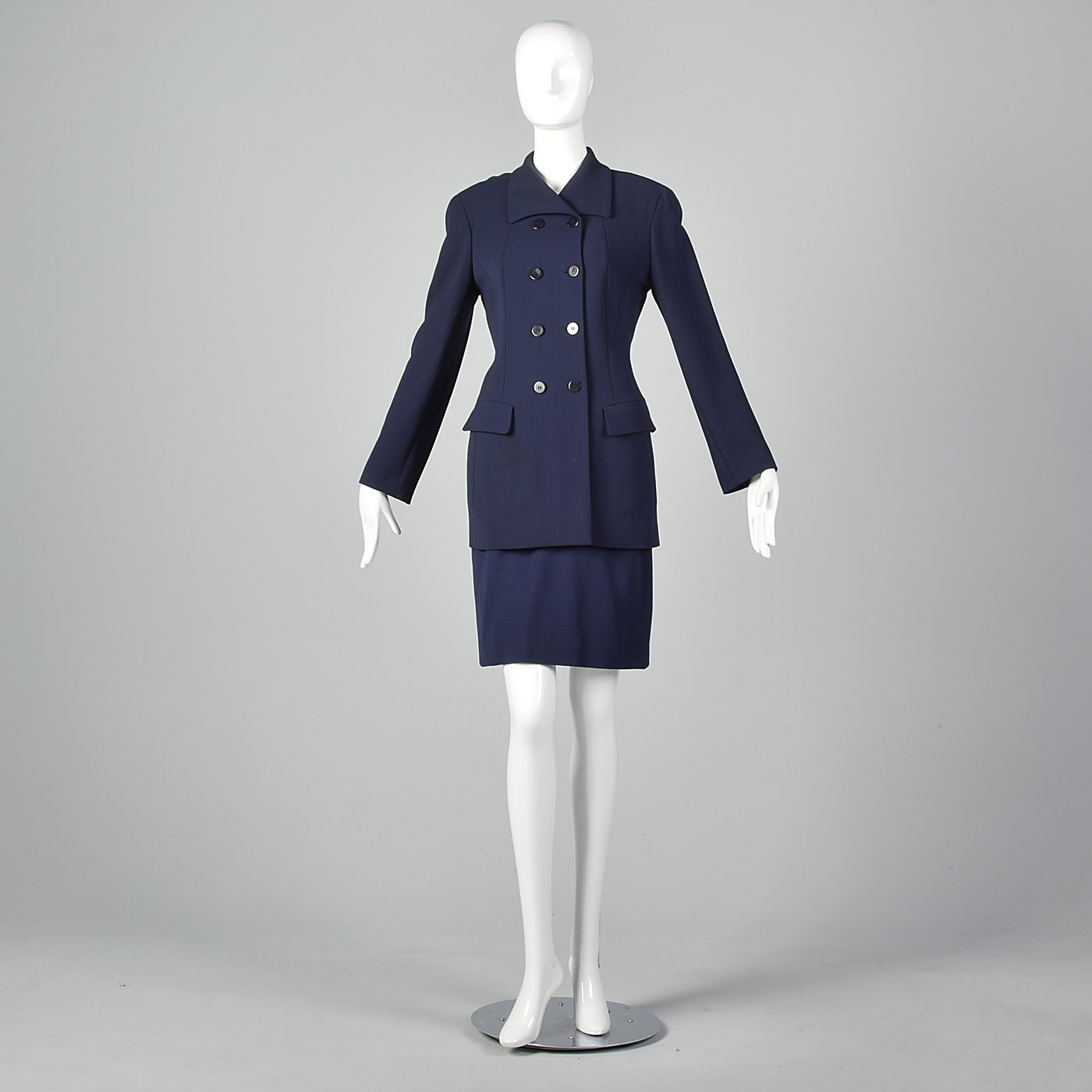 Small 1980s Donna Karan Navy Blue Skirt Suit VTG Fitted Jacket Tapered Skirt image 5