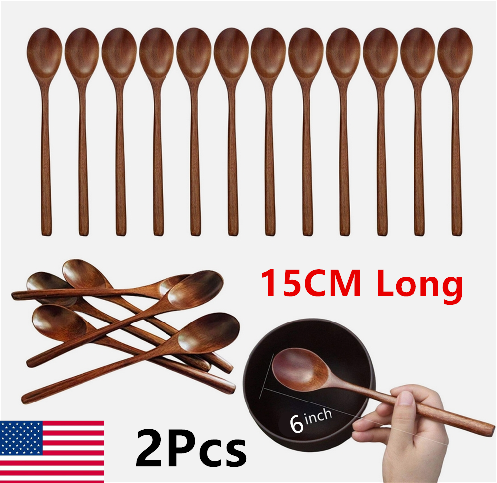 2Pcs Kitchen Wooden Long Spoon Cooking Utensil Tool Soup Teaspoon Catering US