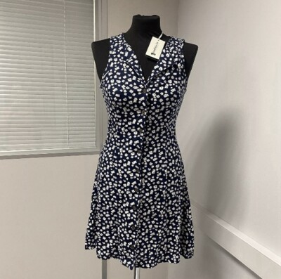 SoulCal Sleeveless Button Dress Comfortable Dits Print 8 Navy White Belt Summer