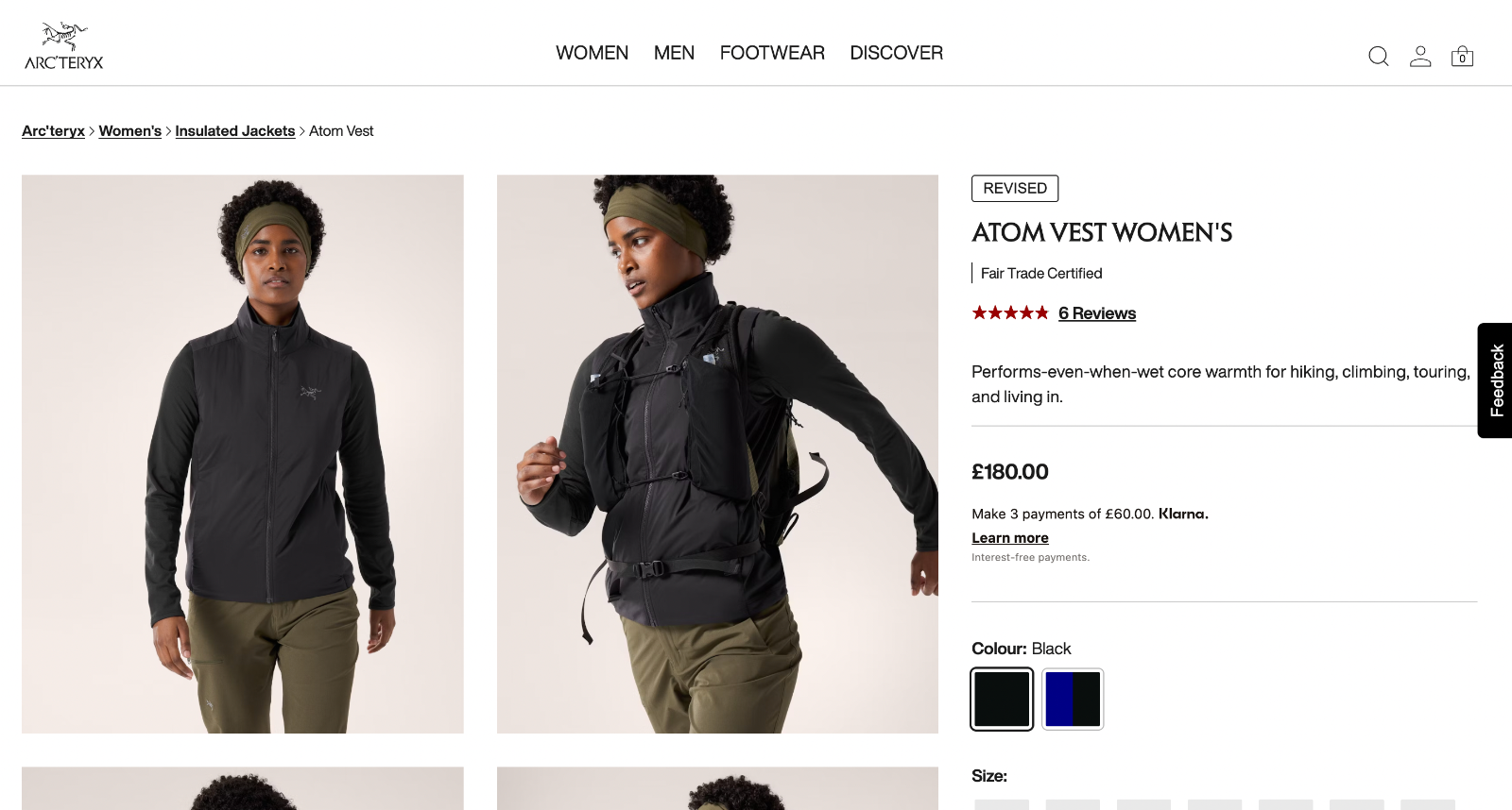 ARC'TERYX Arcteryx ATOM LT Gilet Isolato Donna Small Nero Prezzo consigliato £180