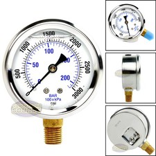 Liquid Filled 2.5" 3000 PSI Air Pressure Gauge Lower / Side Mount 1/4" NPT