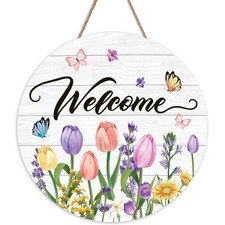 Spring Summer Welcome Wreath Signs for Front Door, Wooden Hanging Door Decora...