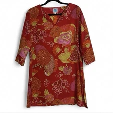 Karma Living Red Floral Cotton Tunic Top India Boho Global Print 3/4 Sleeve