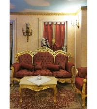 Canapé Baroque 3 Places En Bois Massif Feuille D'Or, Tissu Damassé Lys Fi
