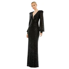 Mac Duggal 26722 Black Sequined Plunge Neck Bishop Sleeve Gown Size 10 $398
