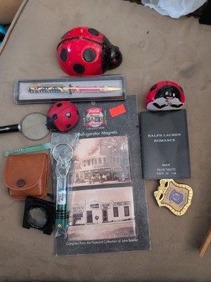 vintage junk drawer lot Collectables Coke Magnets Lady Bugs Magnifying Glass MSP
