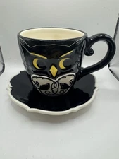 Blue Sky Clayworks Owl Cup & Saucer Set Black/White    Coffee Tea Festive Mug.