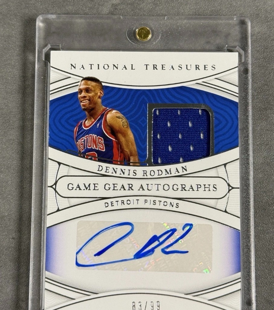 2021-22 Panini National Treasures Dennis Rodman Patch Auto /99 Game Worn Pistons view 2