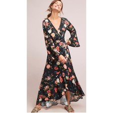 Farm Rio Anthropologie Floral Wrap Maxi Dress Bell Sleeve Black Petite Small S