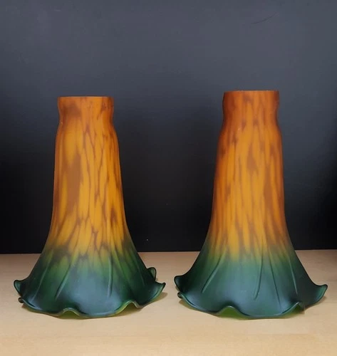 Vintage Amber Green Lilly Tulip Tiffany Style Lamp Shade Set of 2