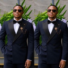 Navy Blue Men's Suit Double Breasted Peak Lapel Wedding Groom Tuxedo Coat Pant