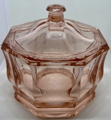 VTG Pink Anchor Hocking Manhattan Covered Candy Dish Octagonal Depression Glass