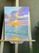Original Oil Painting Seascape "Ocean Sunrise”. Handmade Modern Art 12x16 inches