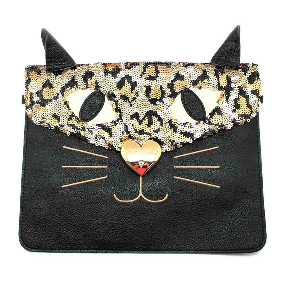 ★こつこ★新品未使用Katie マルチポシェット定価28000円 Betsey Johnson Black Gold Sequin Kitchi Cat Clutch Crossbody New