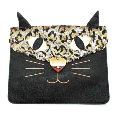 ★こつこ★新品未使用Katie マルチポシェット定価28000円 Betsey Johnson Black Gold Sequin Kitchi Cat Clutch Crossbody New
