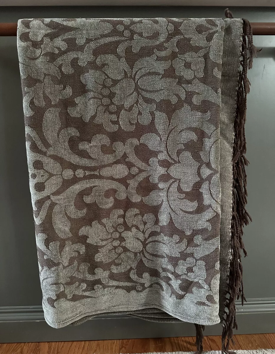 Restoration Hardware Wool Blend Fringed Throw Blanket Gray Brown Floral 70X53