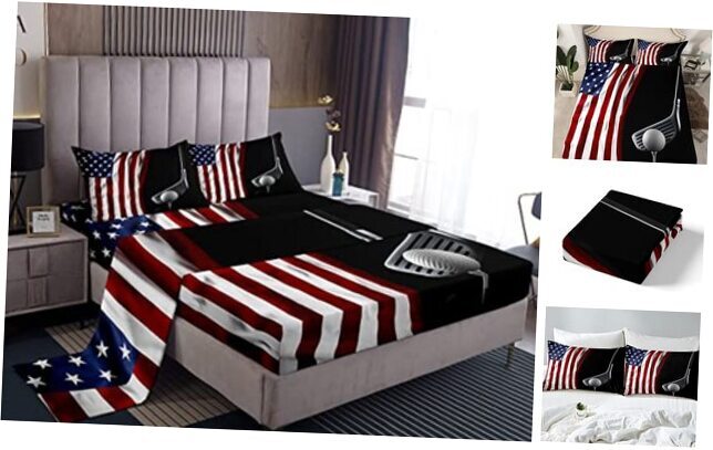 American Flag Fitted Sheet Full Size 4 Piece,Golf FULL (W54*L75*H16