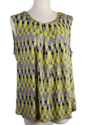 GNW Women's Plus Size 1X Blue/Yellow Round Neck Pleated Sleeveless Blouse