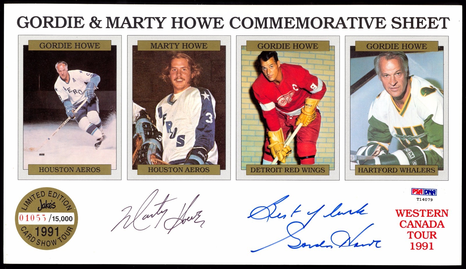 GORDIE HOWE & MARTY AUTOGRAPHED SIGNED REDWINGS AEROS 4 CARD UNCUT-SHEET PSA DNA 