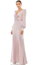 Mac Duggal Rose Pink Ruched Satin Long Bishop Sleeve  Gown Size 14 $398