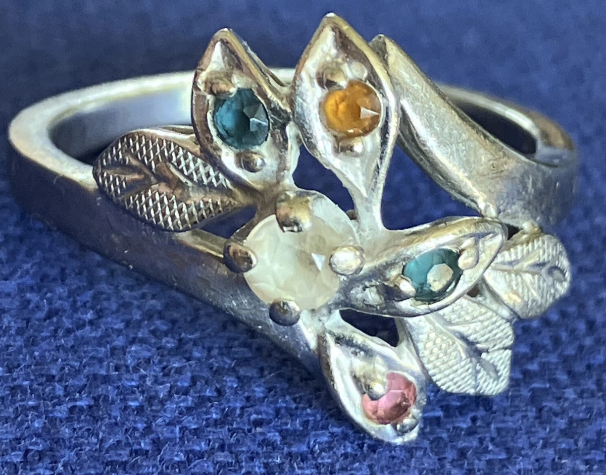 Vintage 14k White Gold Mother s Ring with 4 Birth Stones Size 9