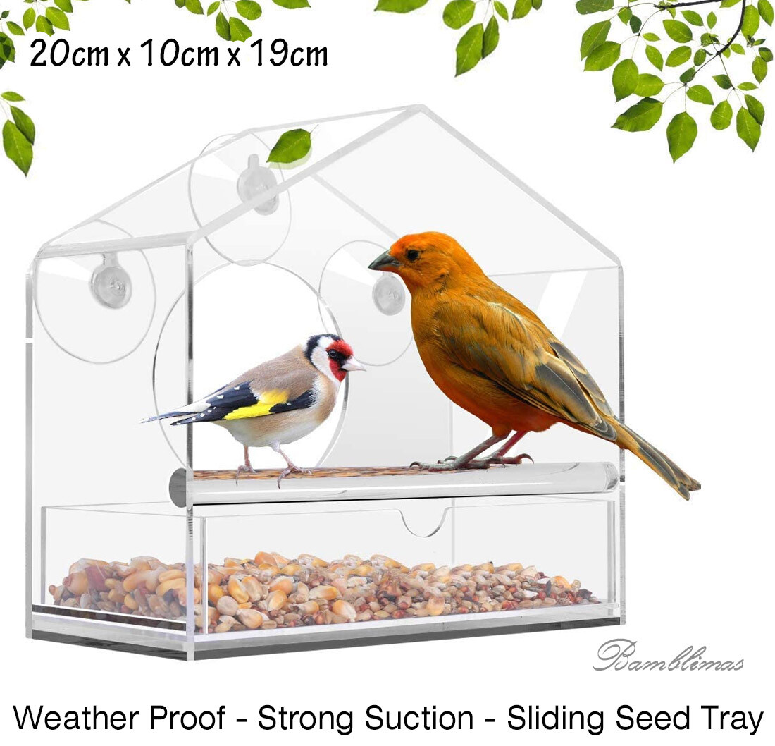 Weather Proof Acrylic Window Bird Feeder Strong Suction & Sliding Tray 20x10x19