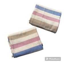 Vtg Pearce Woolrich Washable Wool Blanket Set Ivory Pink Blue Tan Stripe 74x80