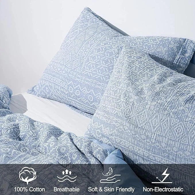 NEW Cotton Duvet Cover Set King Size, Boho Muslin King（104"x90") Light Blue - Image 2 of 4