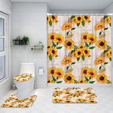 4Pcs Bathroom Shower Curtain Sets with Non-Slip Rugs, Toilet Lid Cover and Ba...