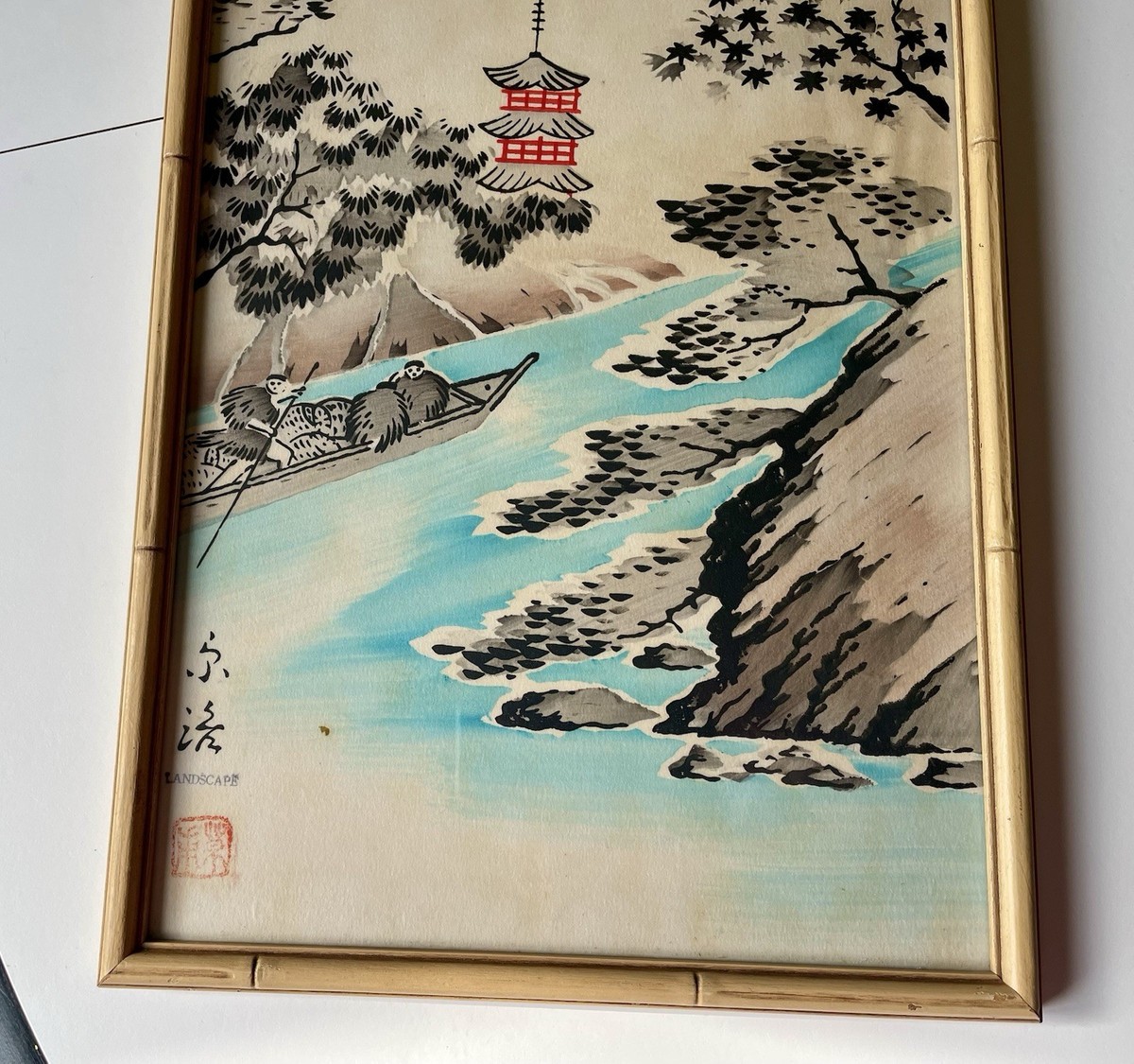 Pair Vintage Japanese Silk Landscape Paintings 1950s Mid Century