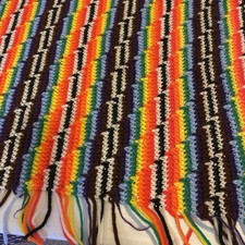 Vintage Hand Knitted Crochet Baby Girl Blanket Afghan Colorful Rainbow Fringed