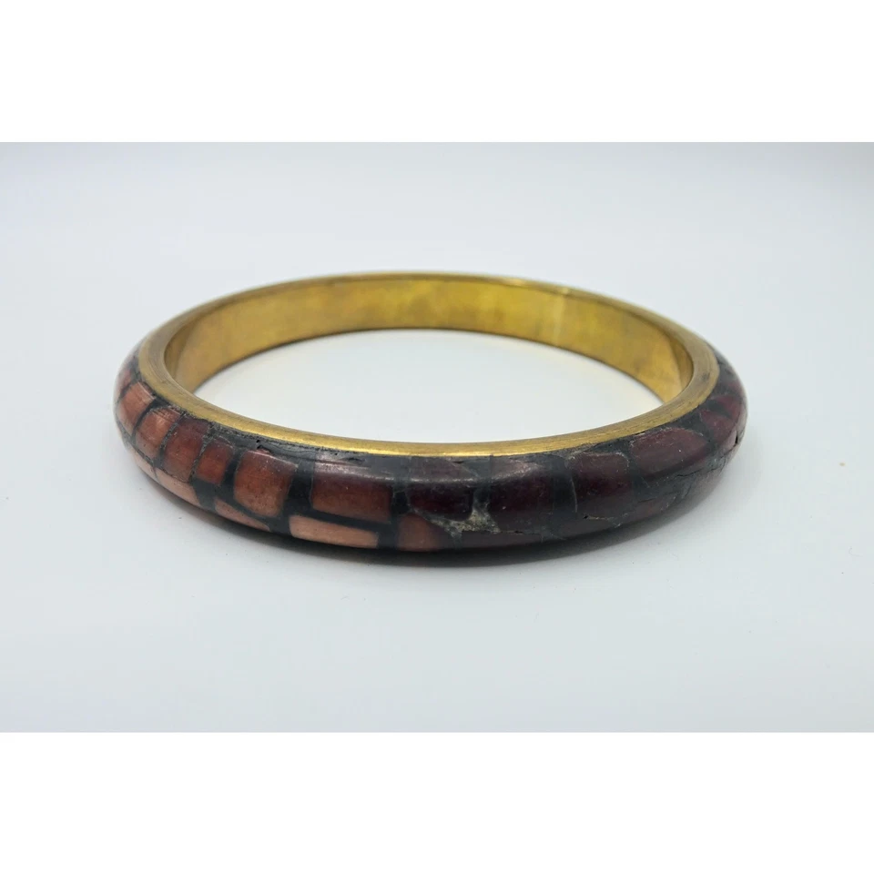 Vintage Indian Brass Shell Inlay Bangle Boho Festival Bracelet Ethnic Jewellery - Image 3 of 4