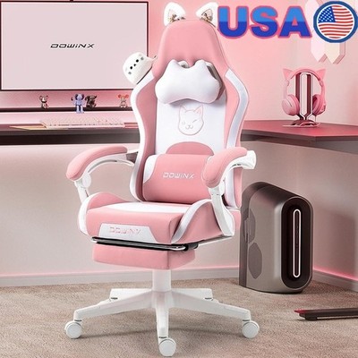 Cute Cat Ear Gaming Chair Ergonomic Plush Support 290lbs Removeable Accessories
