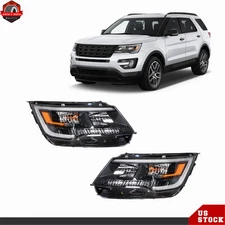 For 2016-2019 Ford Explorer Headlights Halogen w/LED DRL Black Left&Right Side