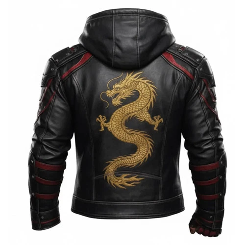 Men’s Handmade Black Leather Dragon Bomber Jacket Embroidered Tactical Techwear image 2