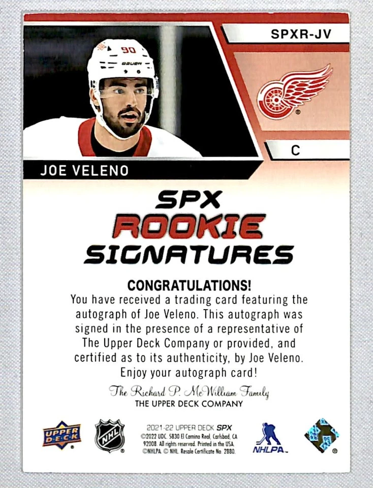 Joe Veleno 2021-22 SPx Signatures Rookie Auto #SPXR-JV Detroit Red Wings - Image 2 of 2