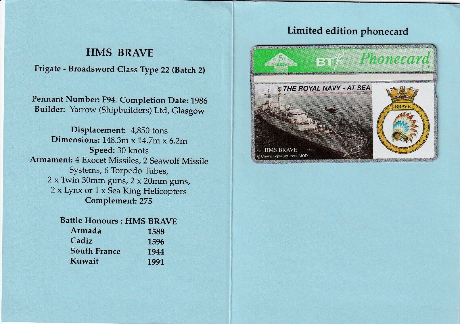 BT ROYAL NAVY AT SEA HMS BRAVE FRIGATE YARROW SHIPBUILDERS MINT PHONECARD FOLDER